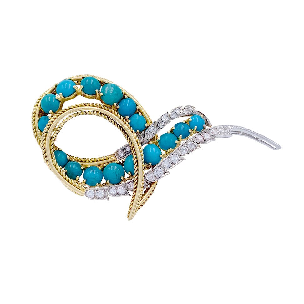 Broche Volute or, platine diamants et turquoises - Castafiore