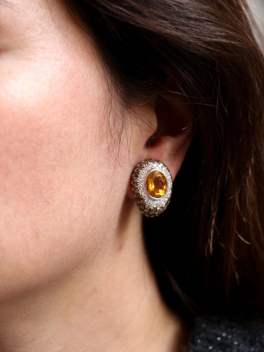 Clips d’oreilles vintage en or, citrines, diamants blancs et champagne - Castafiore