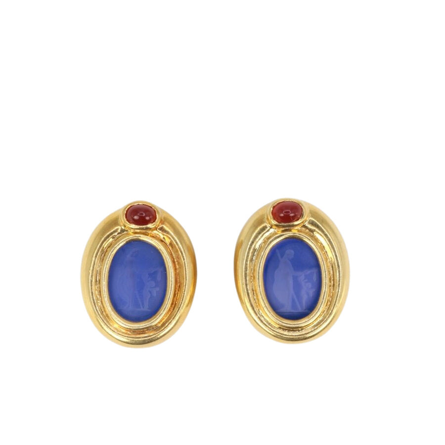Clips d’oreilles vintage en or, intaille en verre bleu et cornaline - Castafiore