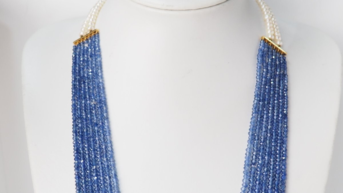 Collier 7 rangs de saphirs or jaune et perles de culture - Castafiore