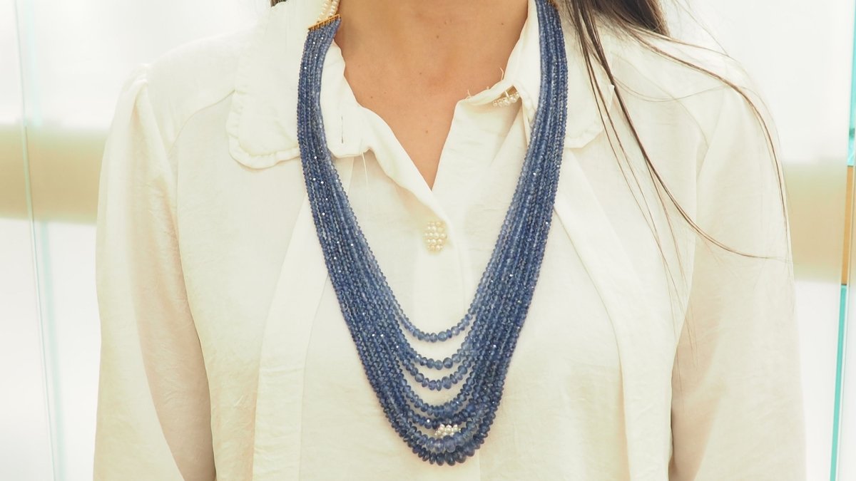 Collier 7 rangs de saphirs or jaune et perles de culture - Castafiore
