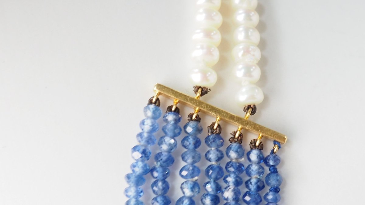 Collier 7 rangs de saphirs or jaune et perles de culture - Castafiore