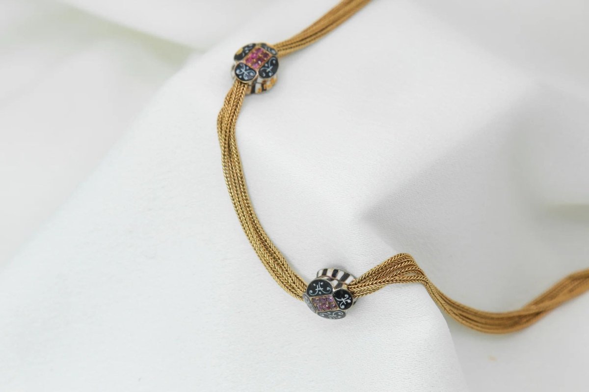 Collier ancien - Chaîne giletière en or, émail et rubis - Castafiore