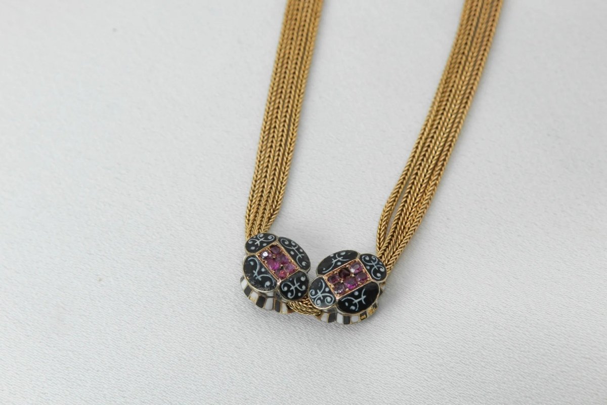 Collier ancien - Chaîne giletière en or, émail et rubis - Castafiore