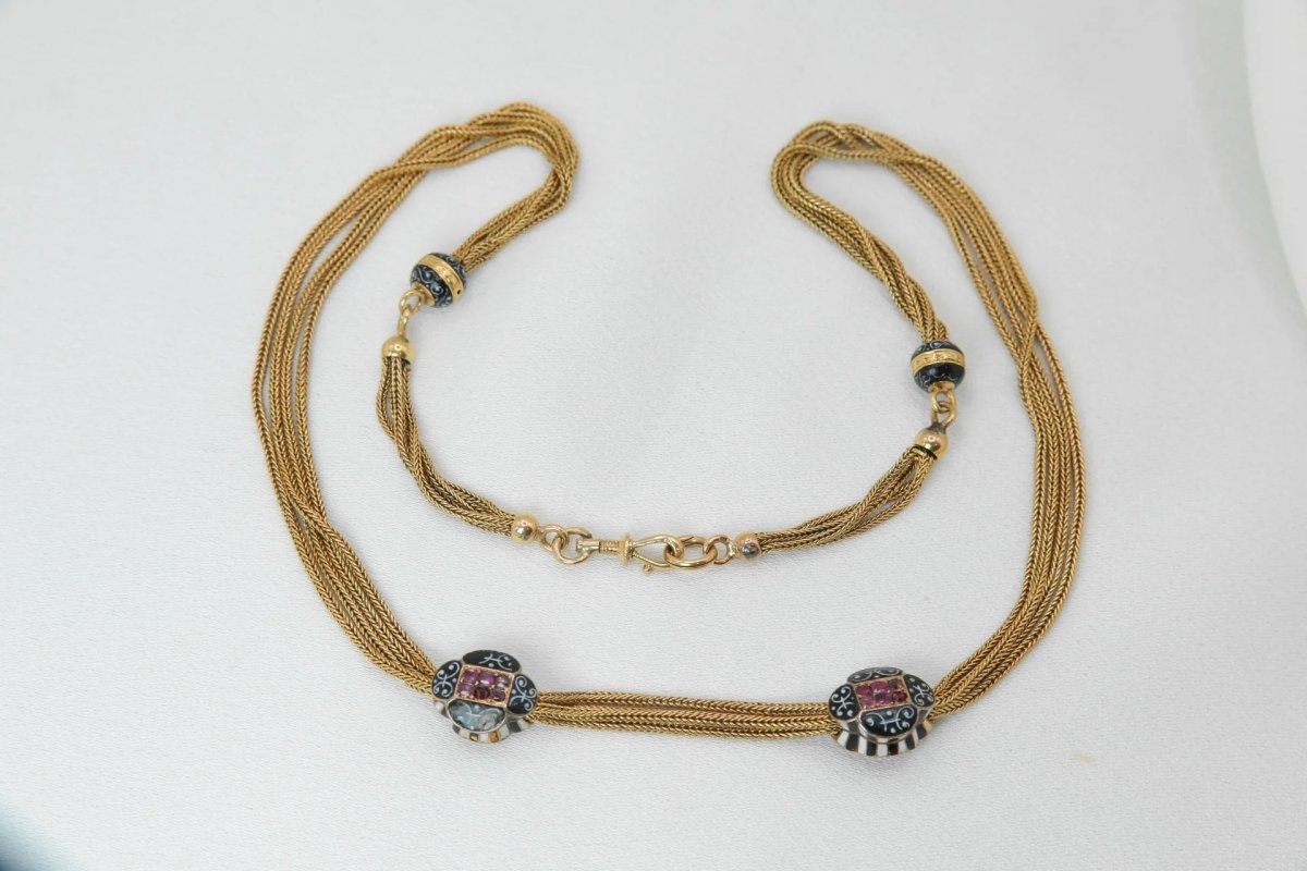 Collier ancien - Chaîne giletière en or, émail et rubis - Castafiore
