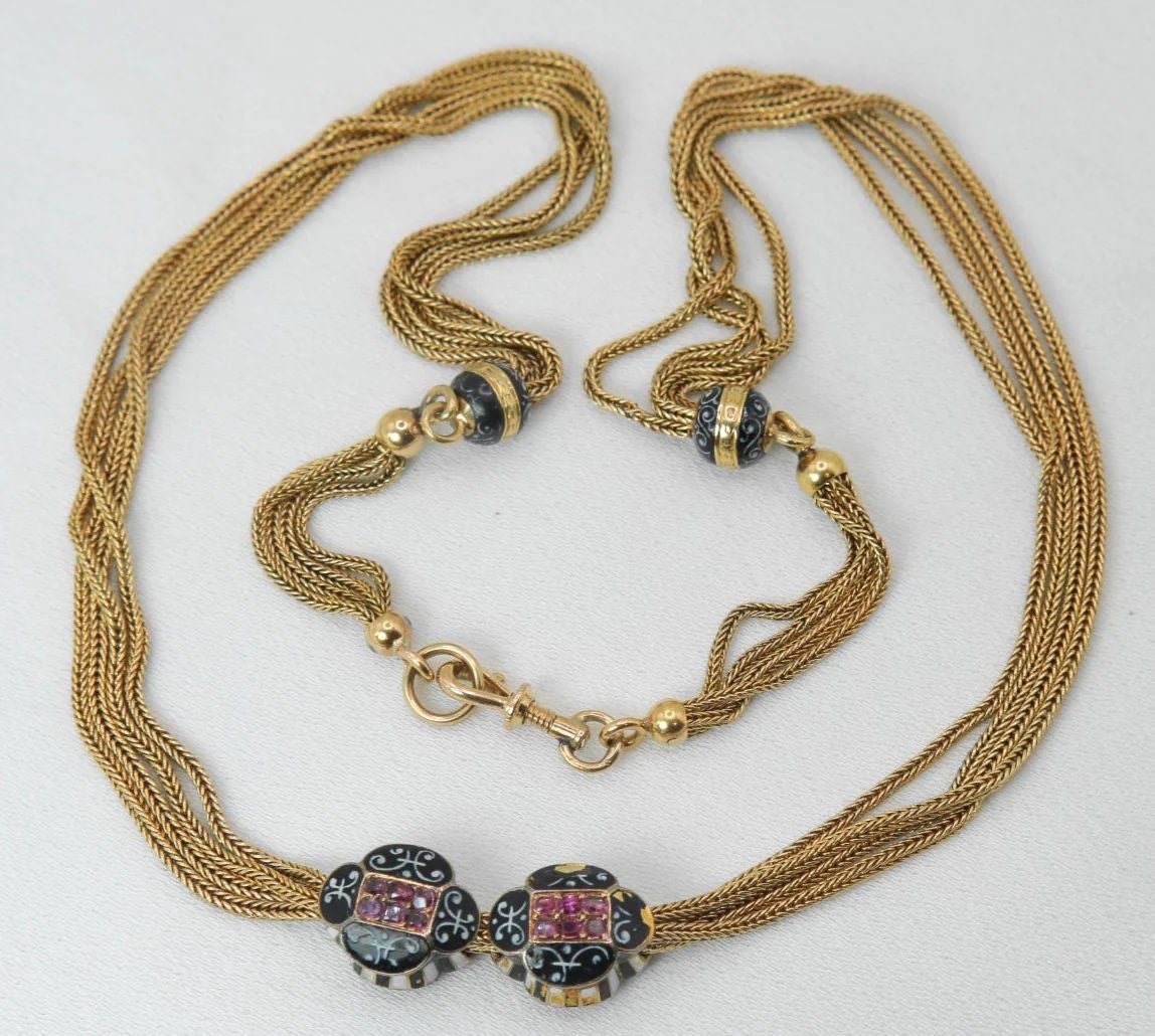 Collier ancien - Chaîne giletière en or, émail et rubis - Castafiore