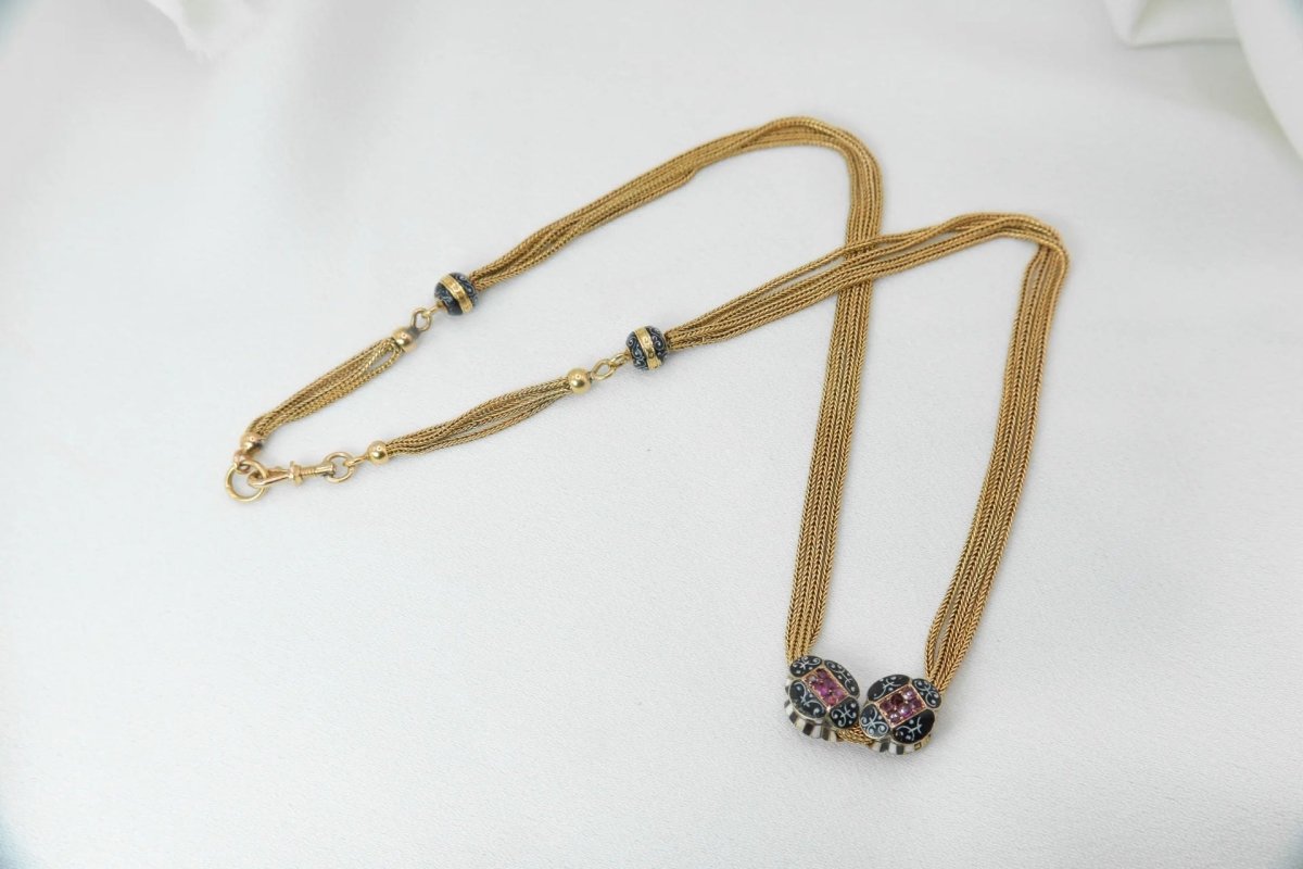 Collier ancien - Chaîne giletière en or, émail et rubis - Castafiore