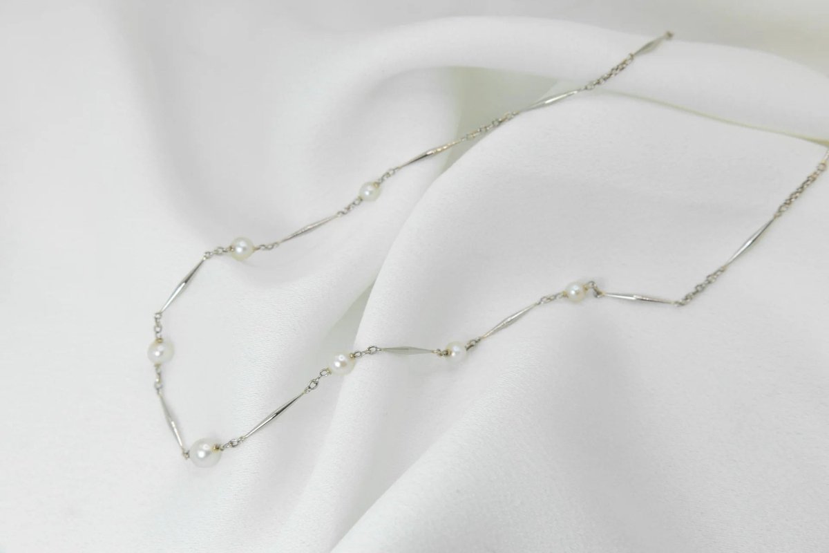 Collier chaîne vintage en bâtonnets d’or et perles - Castafiore