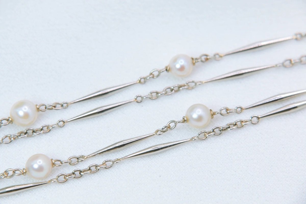 Collier chaîne vintage en bâtonnets d’or et perles - Castafiore