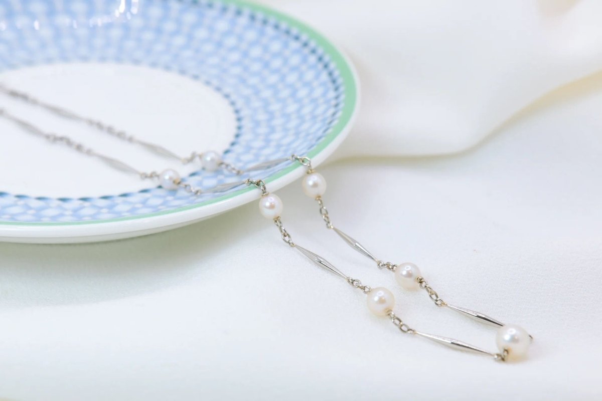 Collier chaîne vintage en bâtonnets d’or et perles - Castafiore