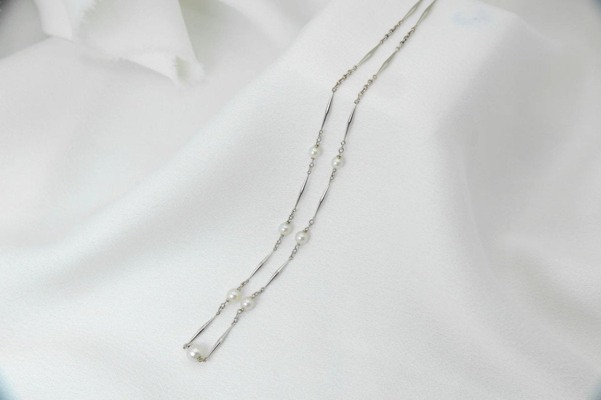 Collier chaîne vintage en bâtonnets d’or et perles - Castafiore