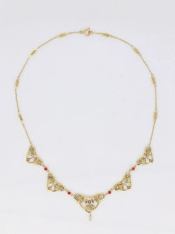 Collier draperie Art Nouveau en or jaune, perles fines et pierres roses - Castafiore