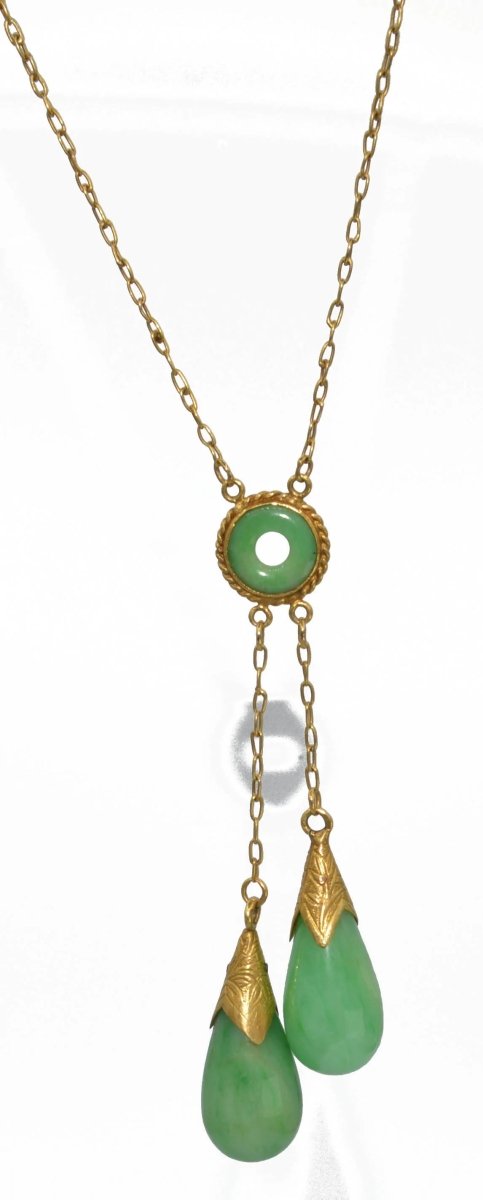 Collier en or jaune négligé en pampille de jade - Castafiore