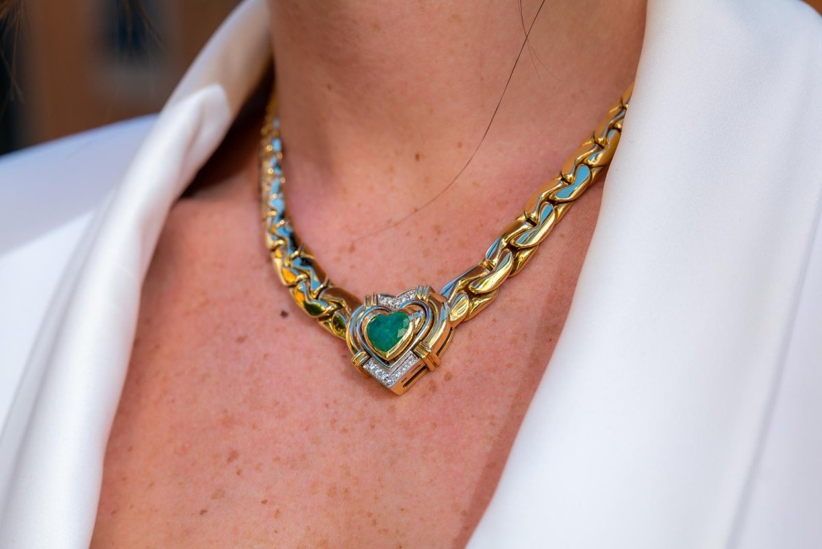 Collier massif coeur en 2 ors et émeraude - Castafiore