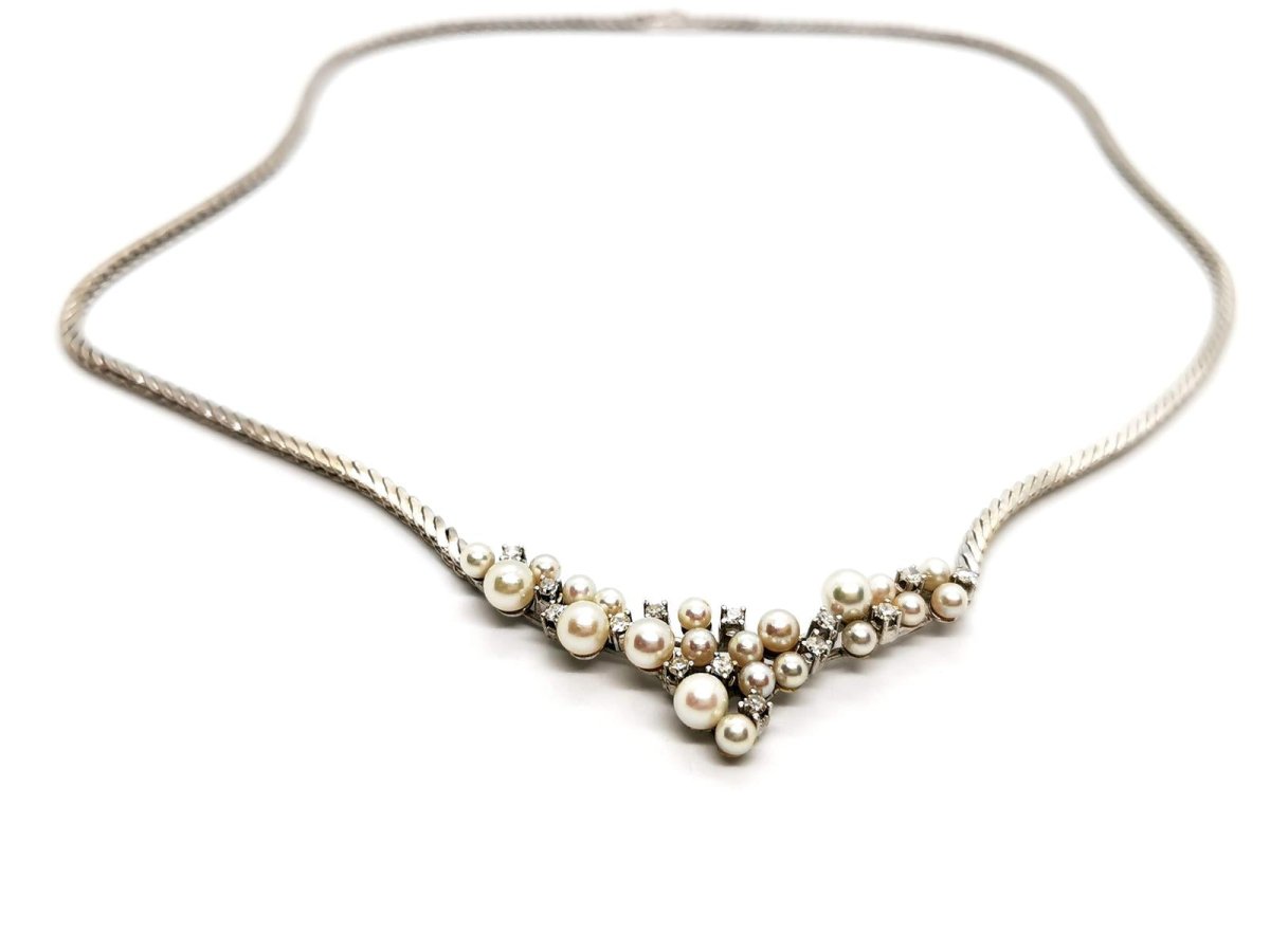 Collier Motif perles et diamants en or blanc - Castafiore