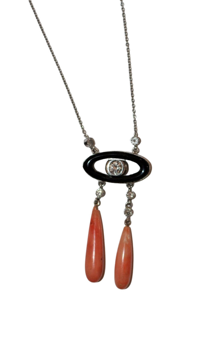 Collier Négligé en or blanc, corail, onyx et diamants - Castafiore