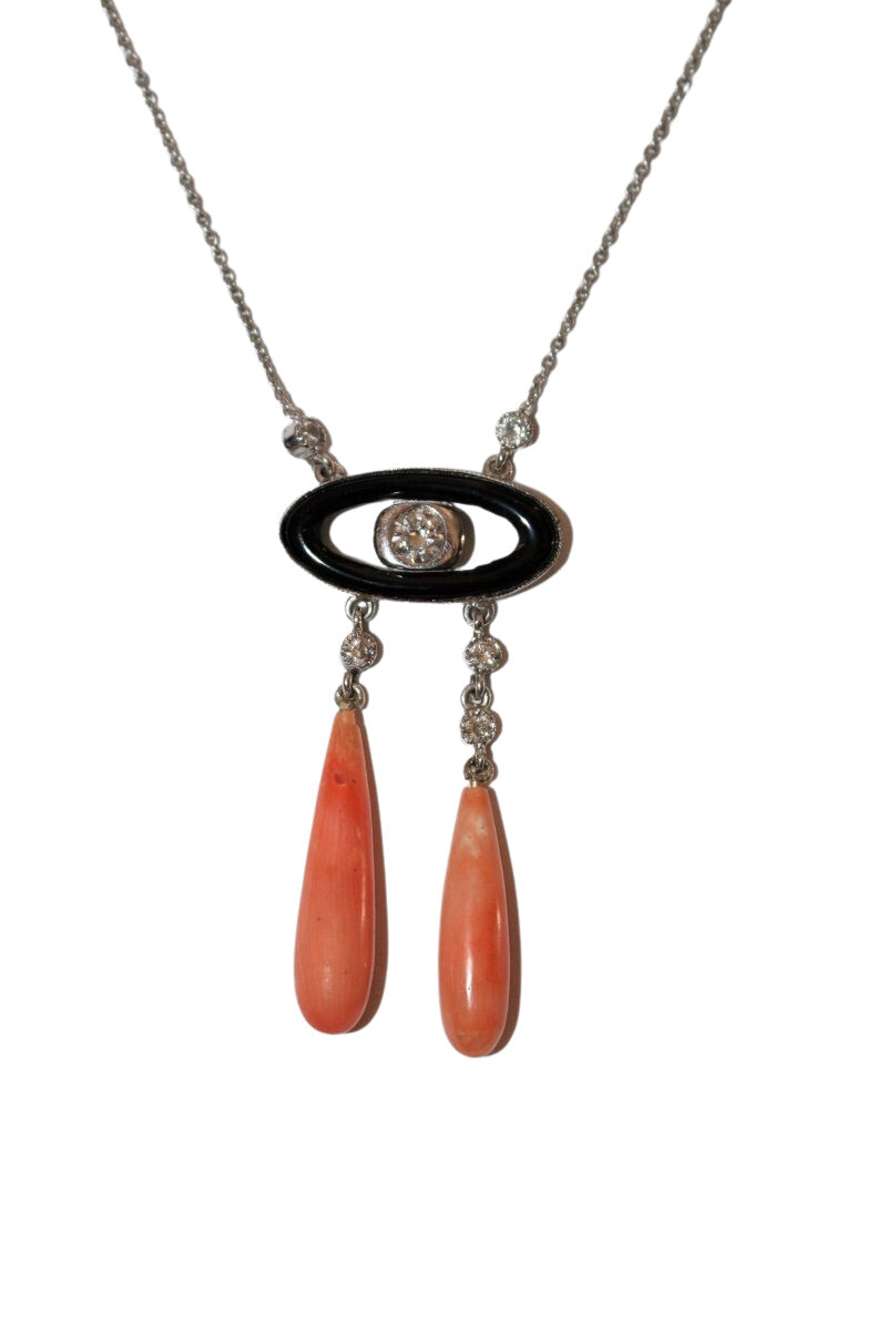 Collier Négligé en or blanc, corail, onyx et diamants - Castafiore