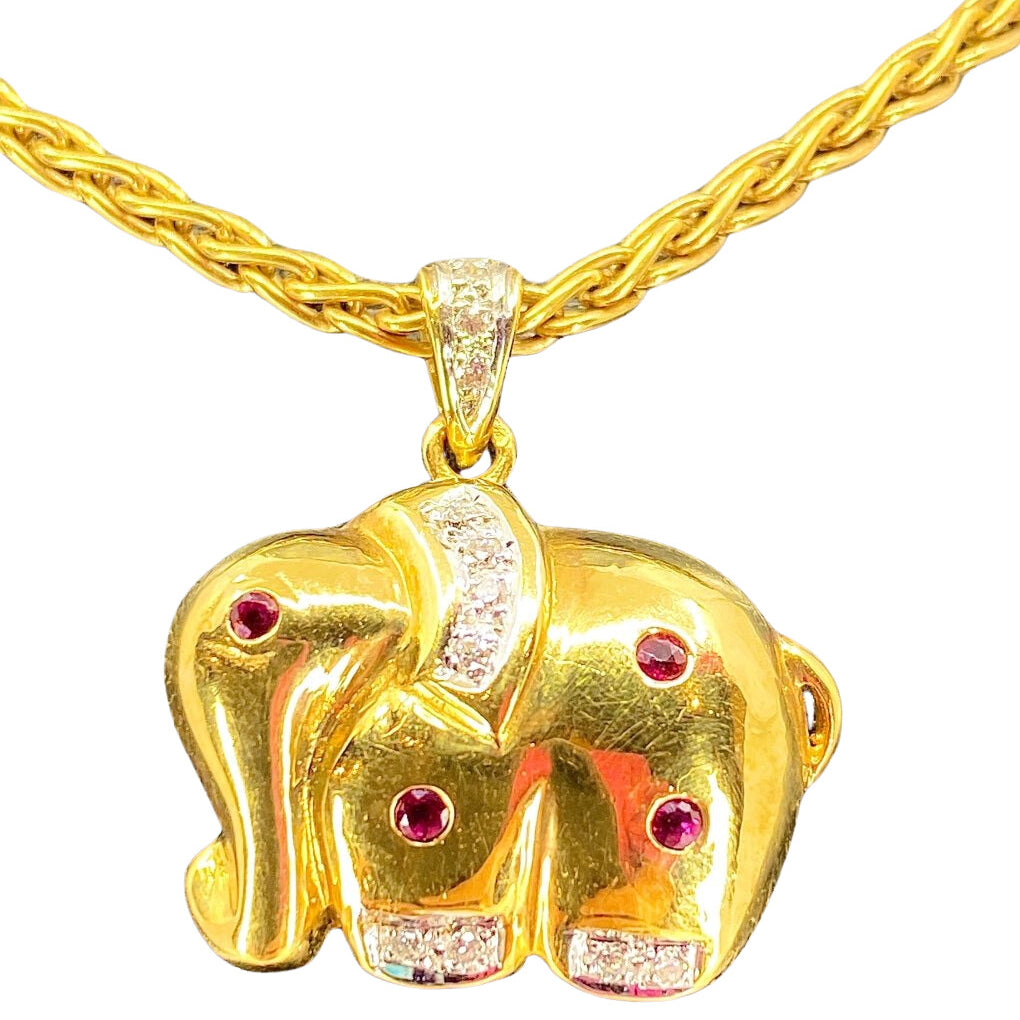 Collier pendentif en or 18 carats : éléphant en diamants et rubis - Castafiore