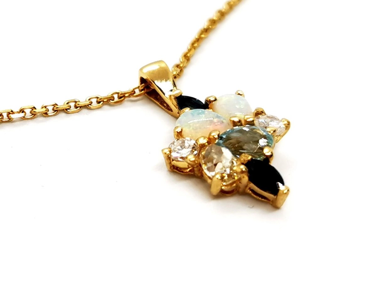 Collier Pendentif en or jaune, diamants, opales, aigue-marine et saphirs - Castafiore