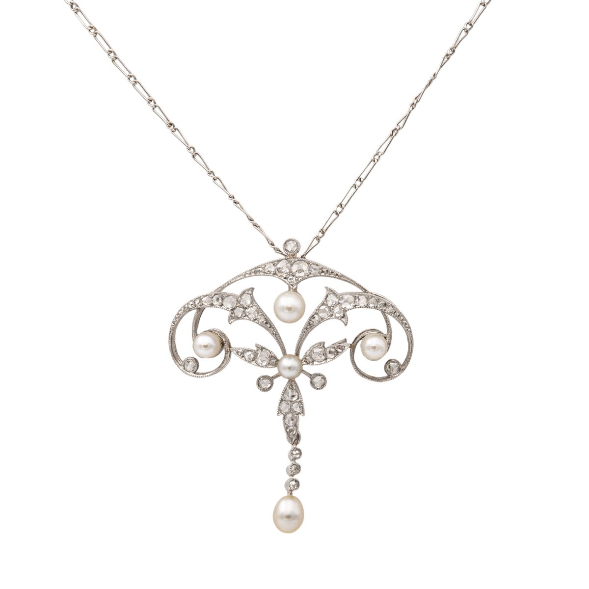 Collier Pendentif Maille cheval en platine, perles et diamants - Castafiore