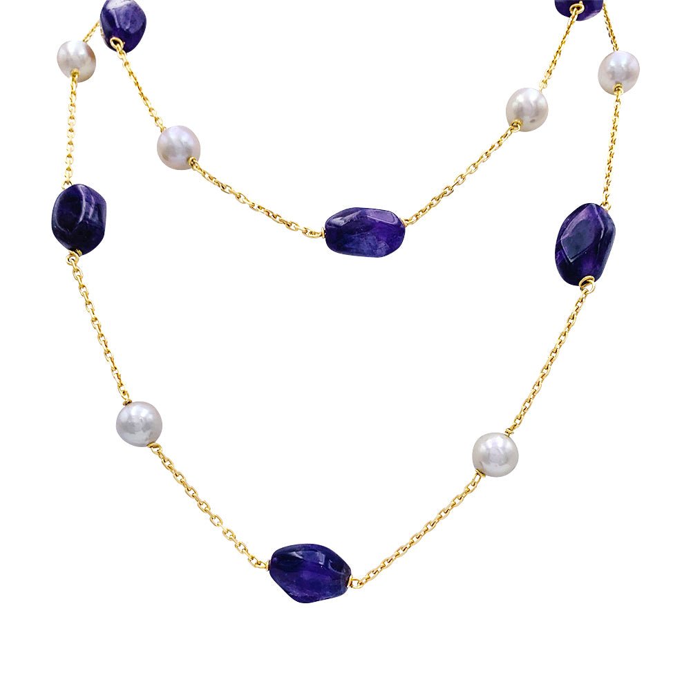 Collier Sautoir en or jaune, améthystes et perles - Castafiore