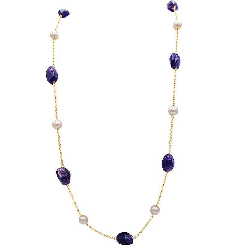 Collier Sautoir en or jaune, améthystes et perles - Castafiore