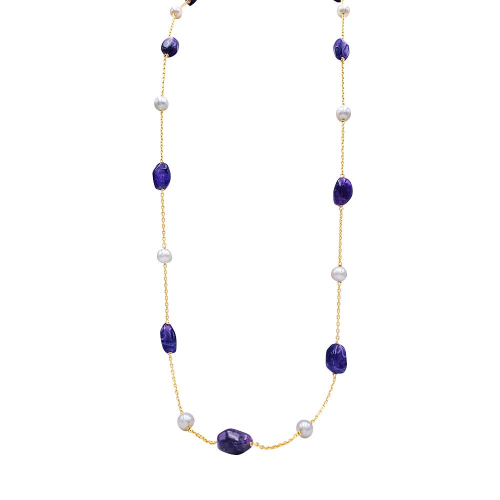 Collier Sautoir en or jaune, améthystes et perles - Castafiore