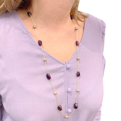 Collier Sautoir en or jaune, améthystes et perles - Castafiore