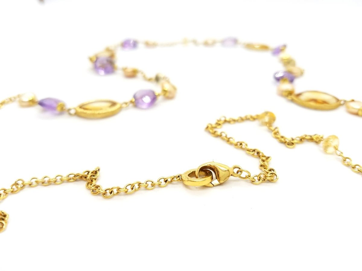 Collier Sautoir en or jaune, perles, citrines et améthystes - Castafiore