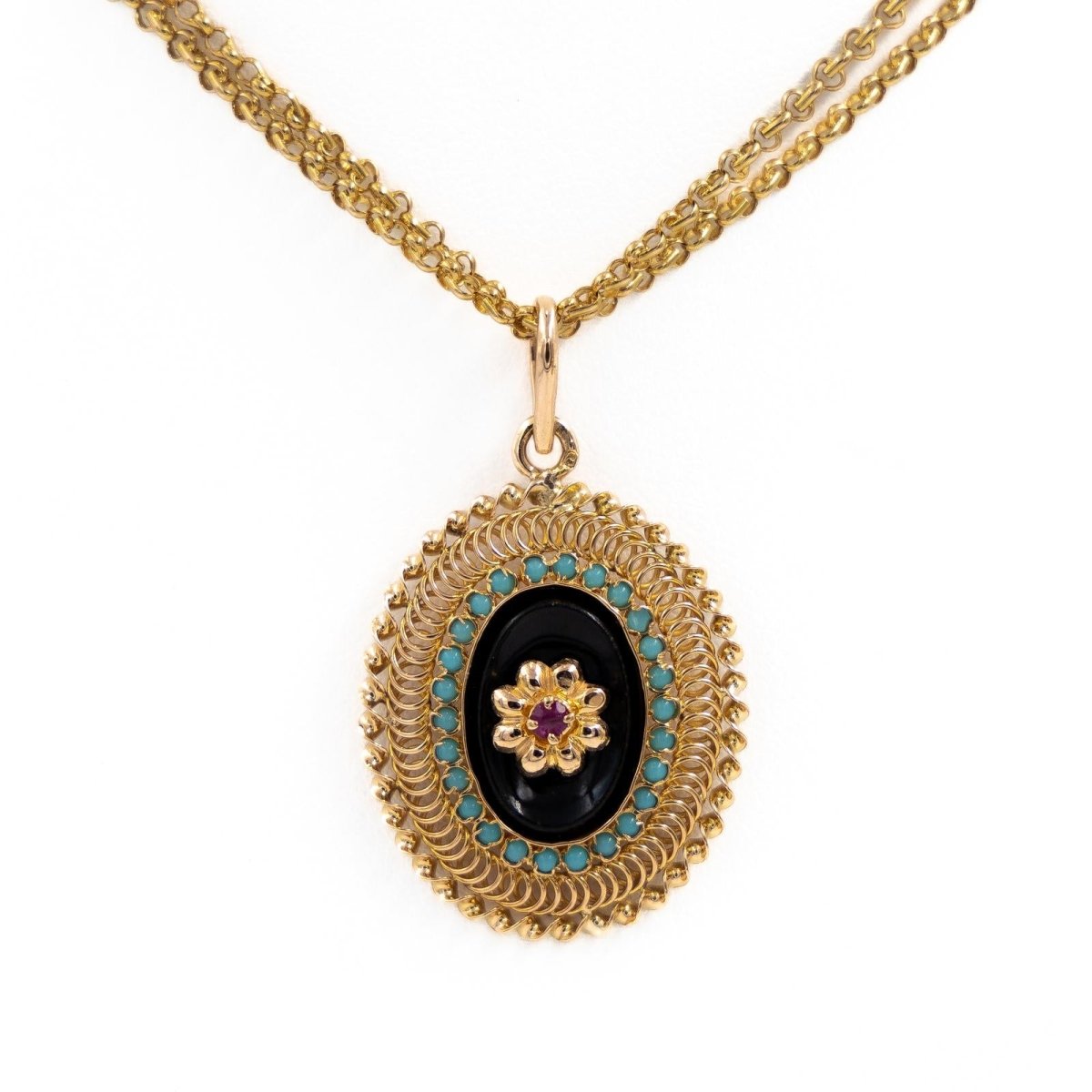 Collier Sautoir en or jaune, rubis, turquoise et onyx - Castafiore