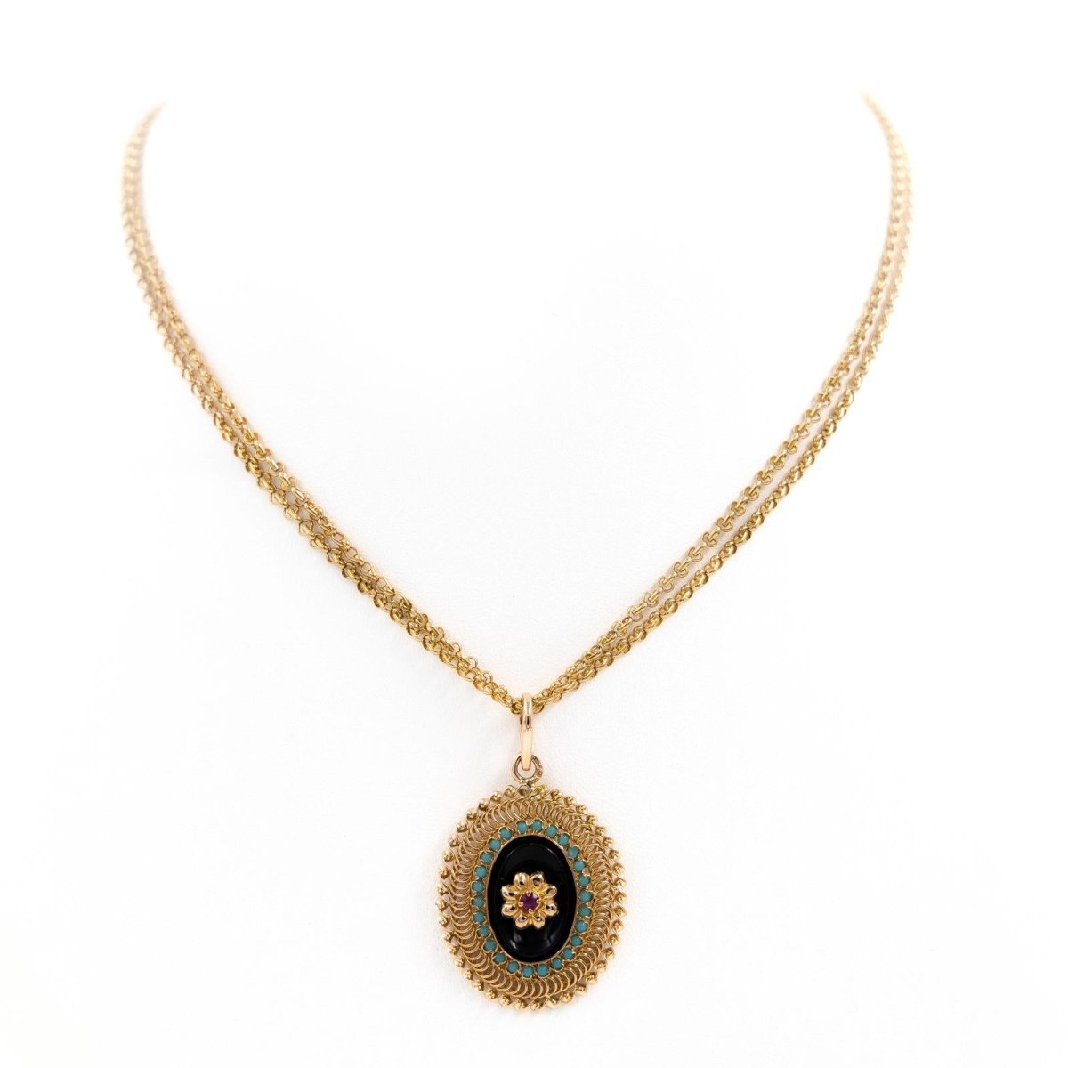 Collier Sautoir en or jaune, rubis, turquoise et onyx - Castafiore