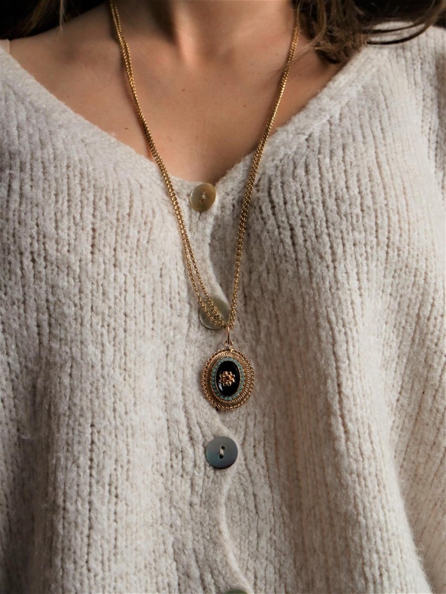 Collier Sautoir en or jaune, rubis, turquoise et onyx - Castafiore