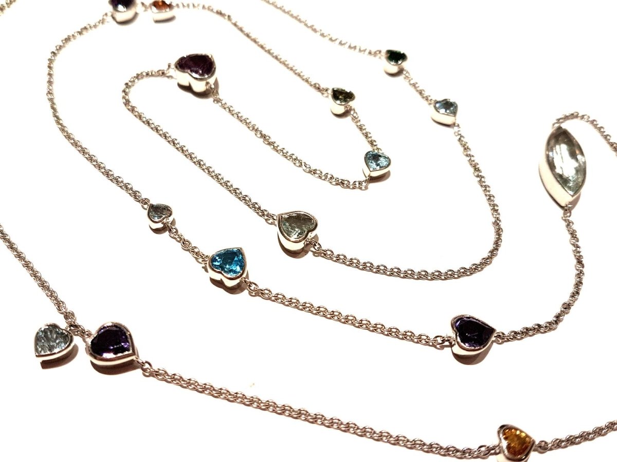 Collier Sautoir multicolore en or blanc, saphirs, améthystes et aigue marine - Castafiore