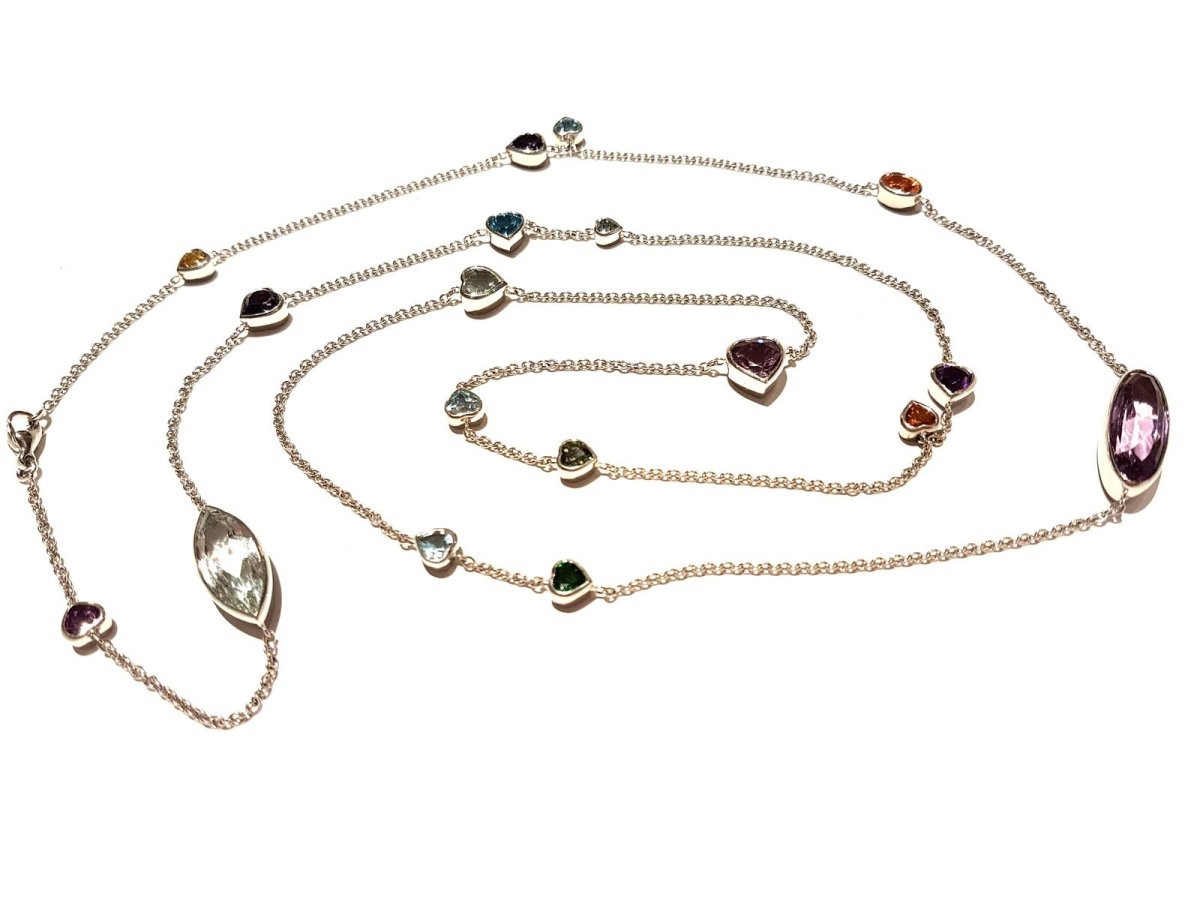 Collier Sautoir multicolore en or blanc, saphirs, améthystes et aigue marine - Castafiore