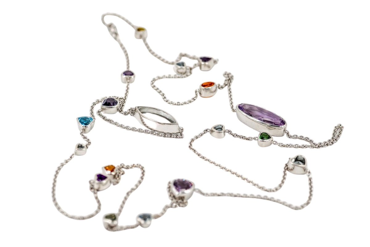 Collier Sautoir multicolore en or blanc, saphirs, améthystes et aigue marine - Castafiore