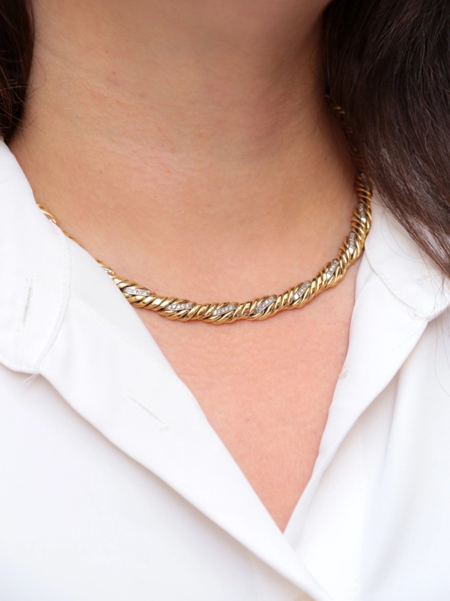 Collier vintage tressé en 2 tons d’or et diamants - Castafiore
