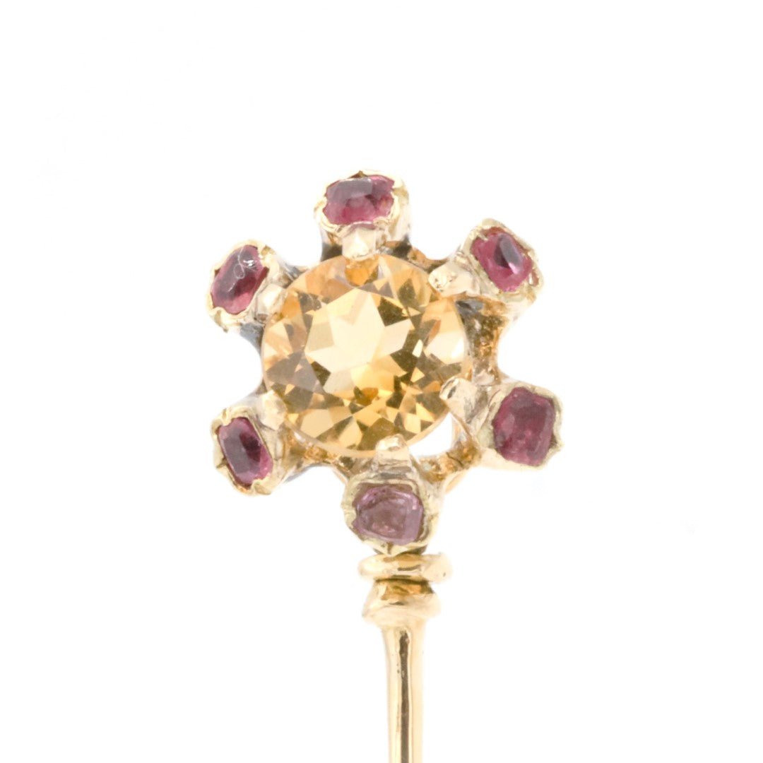 Epingle à cravate fleur en or jaune, rubis et citrines - Castafiore