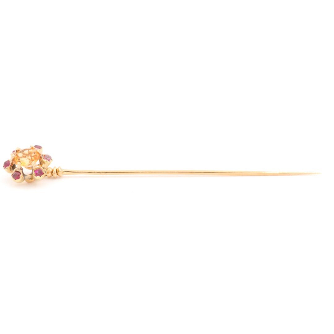 Epingle à cravate fleur en or jaune, rubis et citrines - Castafiore