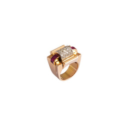 Importante bague tank or jaune, diamants et rubis - Castafiore