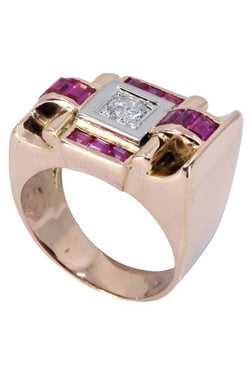 Bague tank en or jaune et or blanc, rubis et diamants