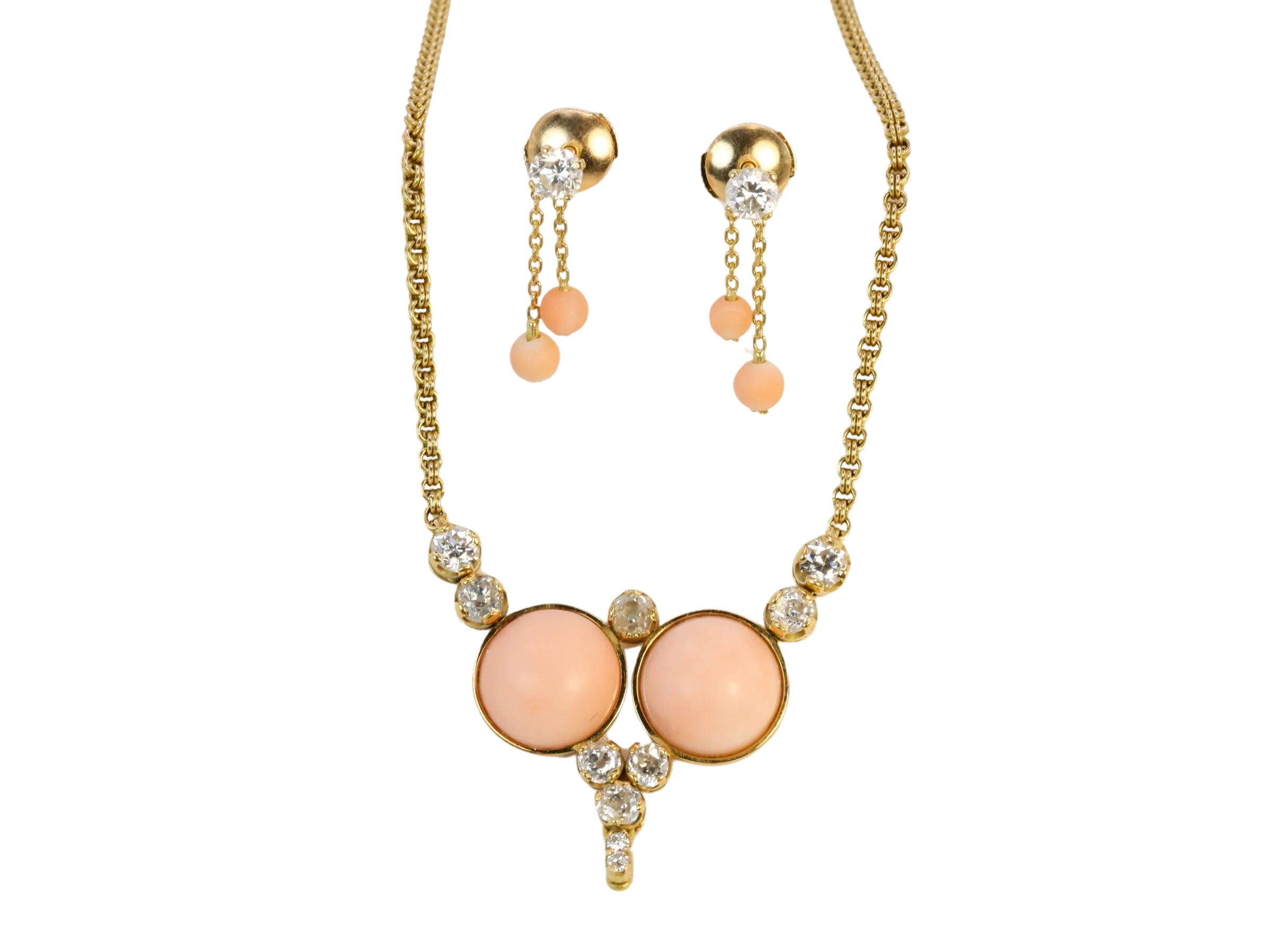 Vintage gold earrings, old cut diamonds and coral beads