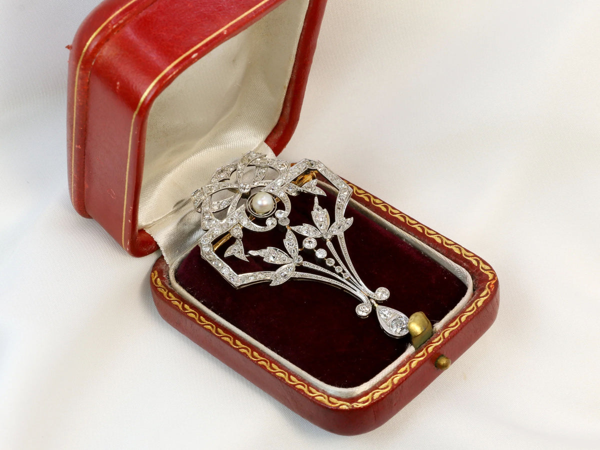 Broche Pendentif Belle Epoque en or, platine, perle et diamants