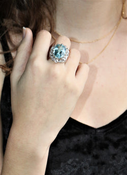 Bague Cocktail aigue-marine or blanc