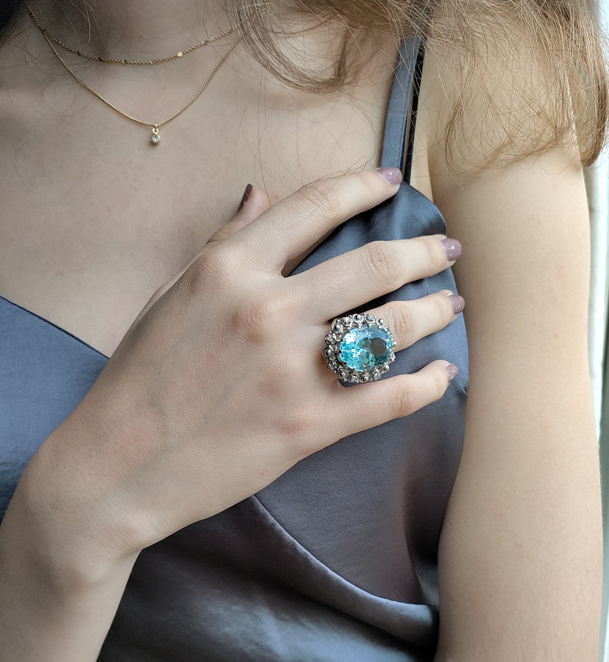 Bague Cocktail aigue-marine or blanc