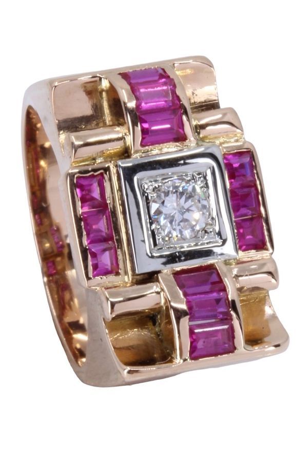 Bague tank en or jaune et or blanc, rubis et diamants