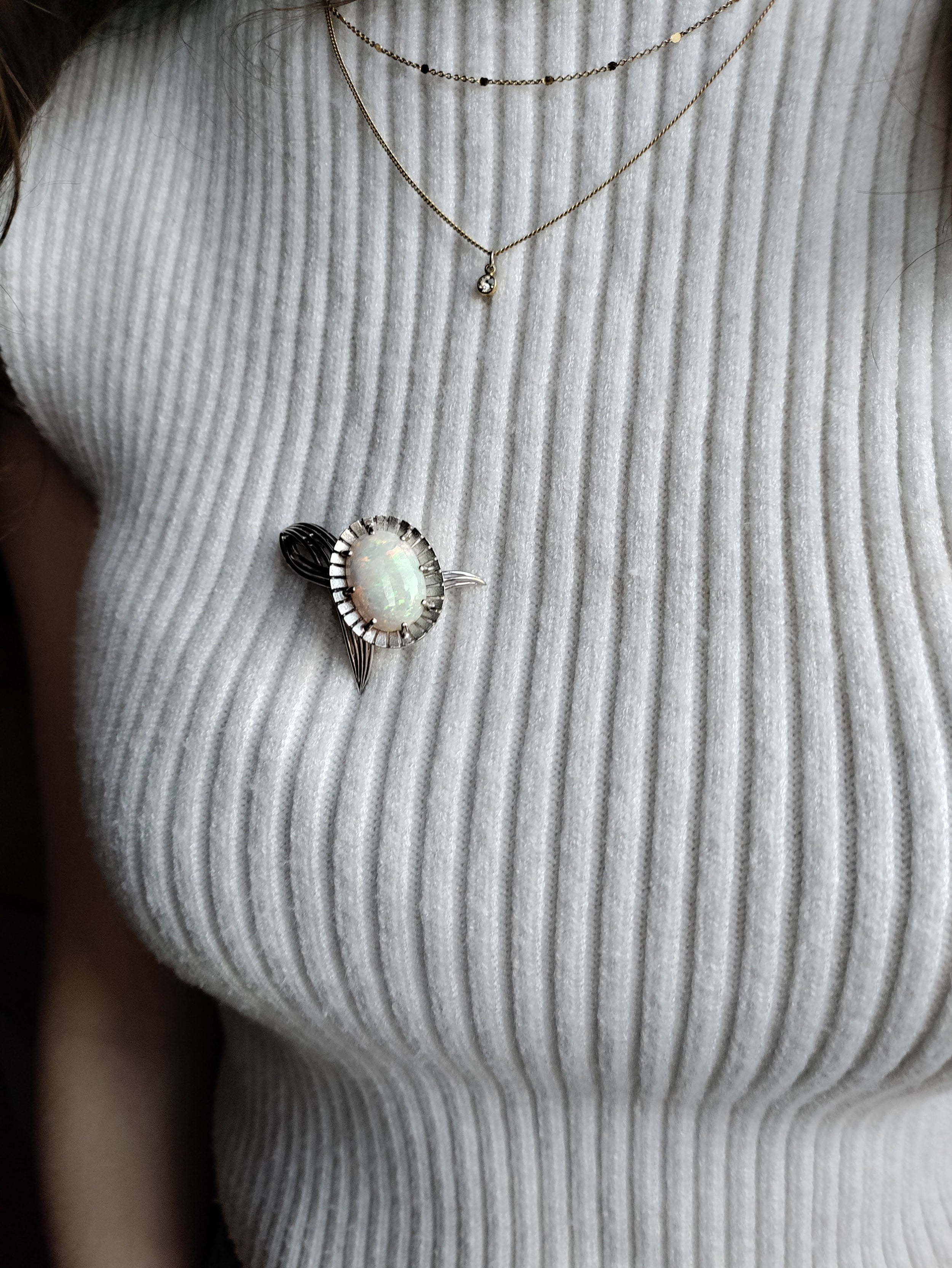 White Gold And White Opal Flower Brooch