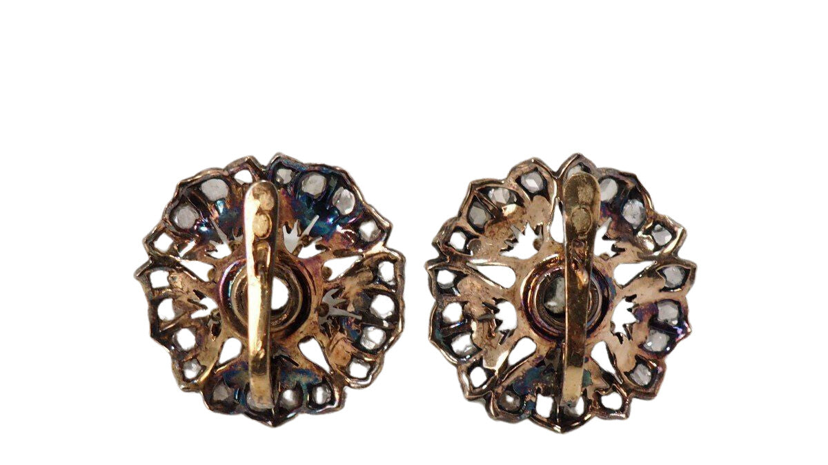 Boucles d'Oreilles Anciennes En Or Jaune Et Argent Ornées De Diamants