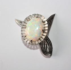 White Gold And White Opal Flower Brooch