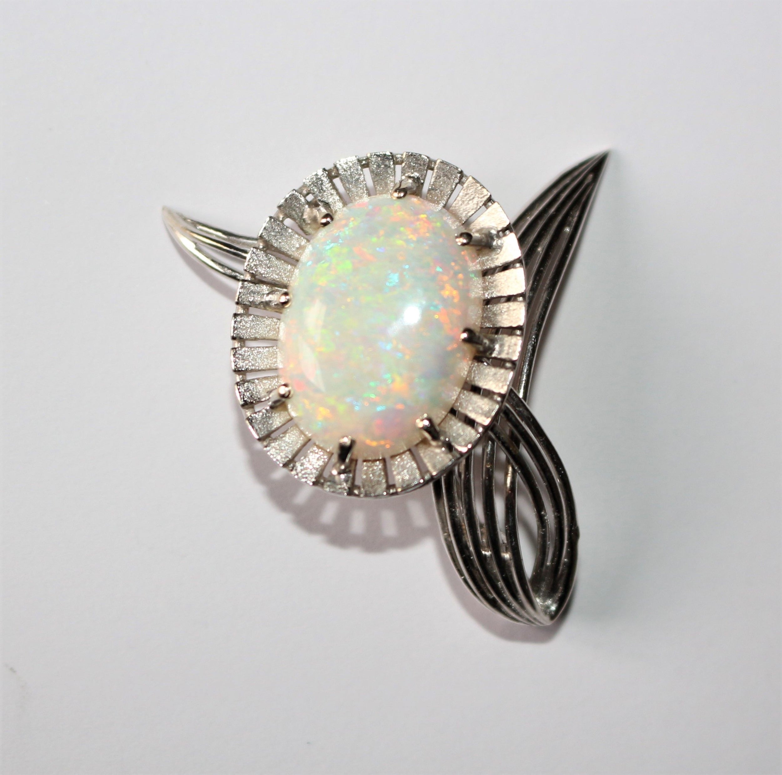 White Gold And White Opal Flower Brooch