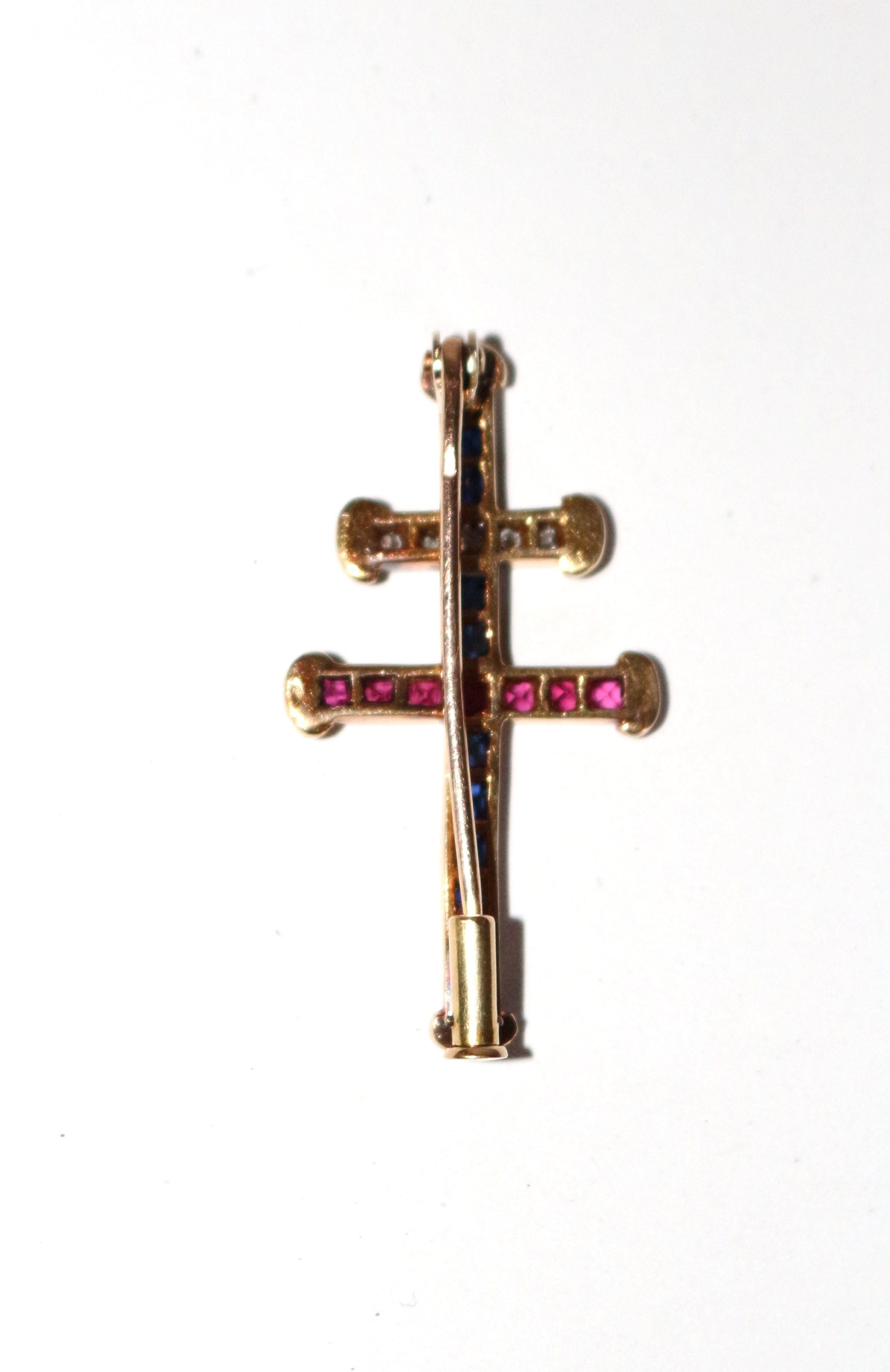 Croix De Lorraine Rubis, Saphirs, Diamants Or Jaune